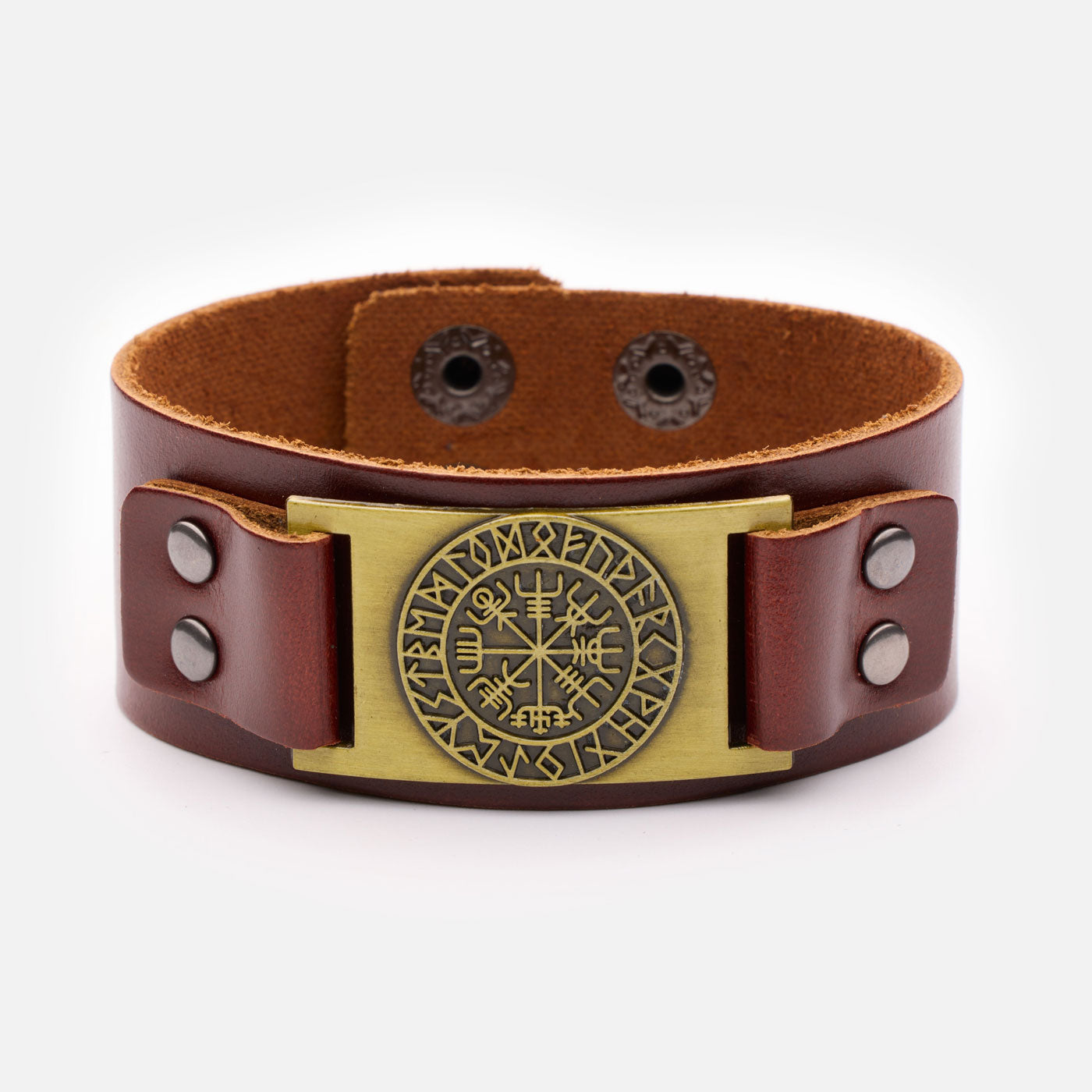 Frontal view of brown leather bracelet with antique bronze Vegvísir compass and rune circle on metal plate.