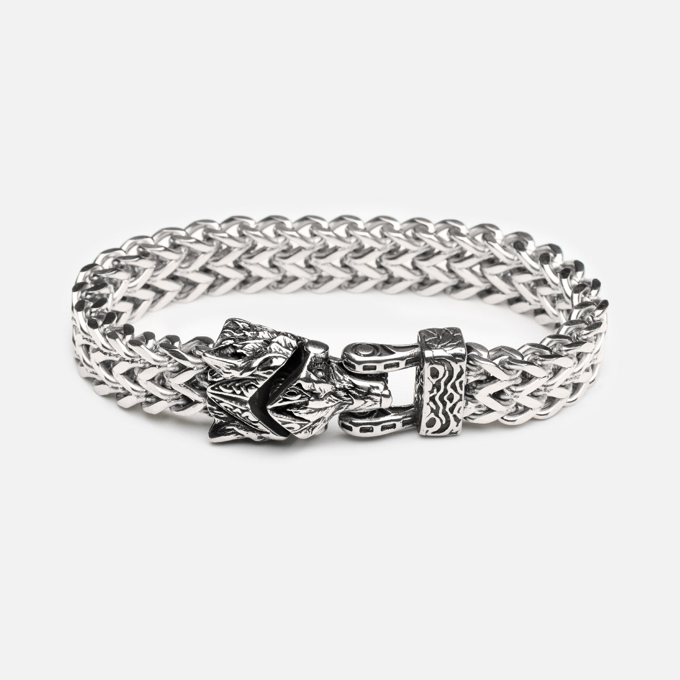 Front-facing view of the upgraded Fenrir wolf bracelet from Odin Trinkets, featuring a bold Viking-style chain and detailed stainless steel wolf head clasp.