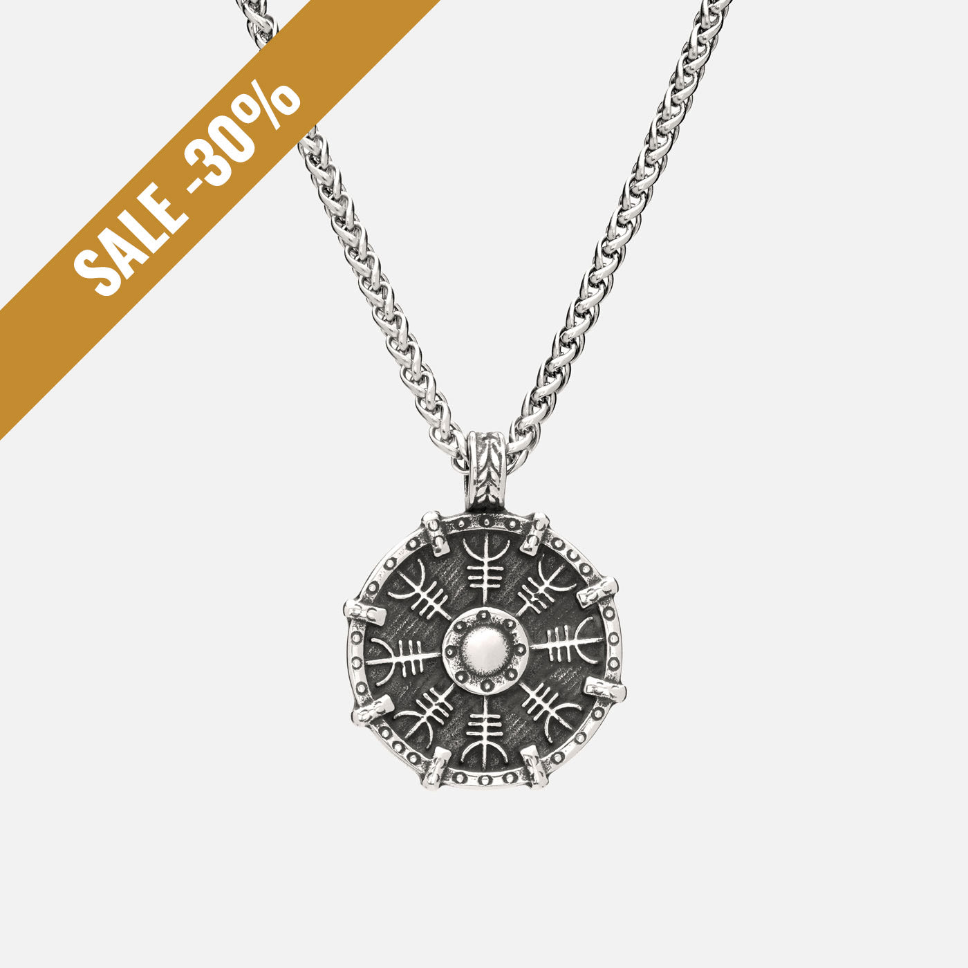 Viking Helm of Awe necklace with shield-shaped pendant, featuring Ægishjálmur symbol and worn on stainless steel curb chain. with a sale banner
