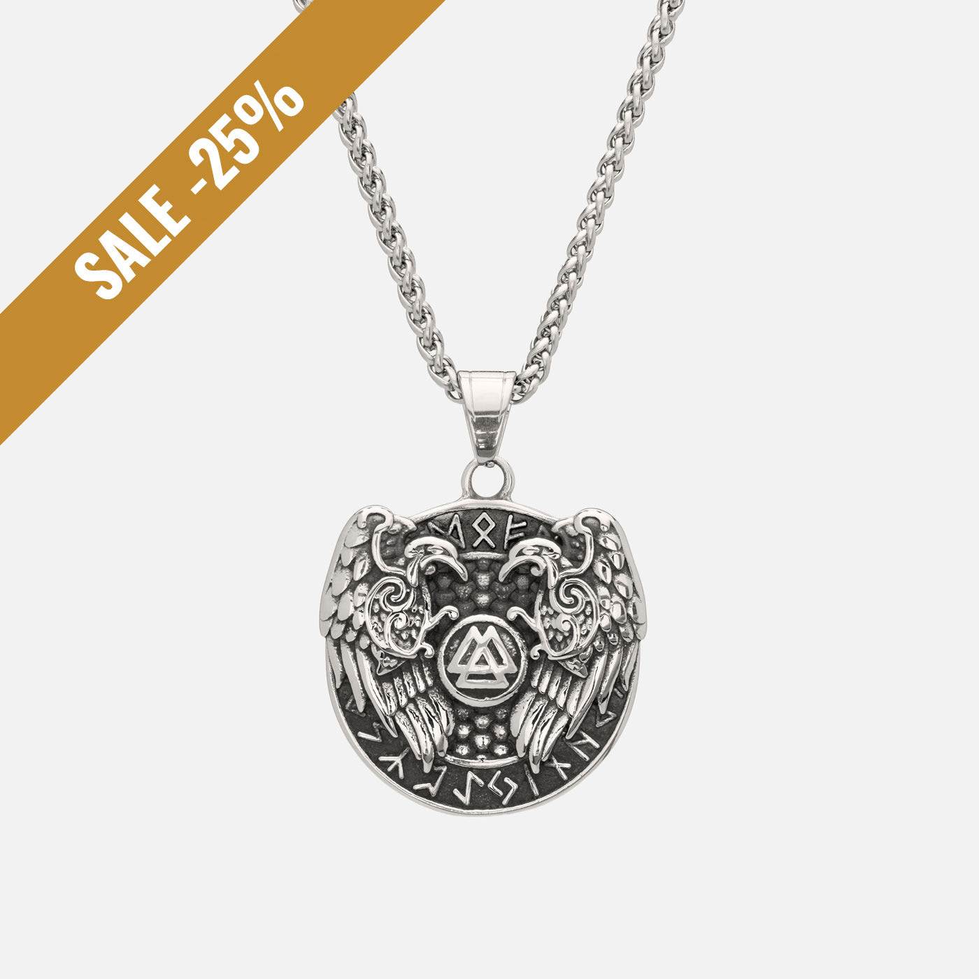 Viking pendant showing Odin’s ravens Hugin and Munin with Valknut symbol and runes, hanging on a stainless steel curb chain. with a sale banner