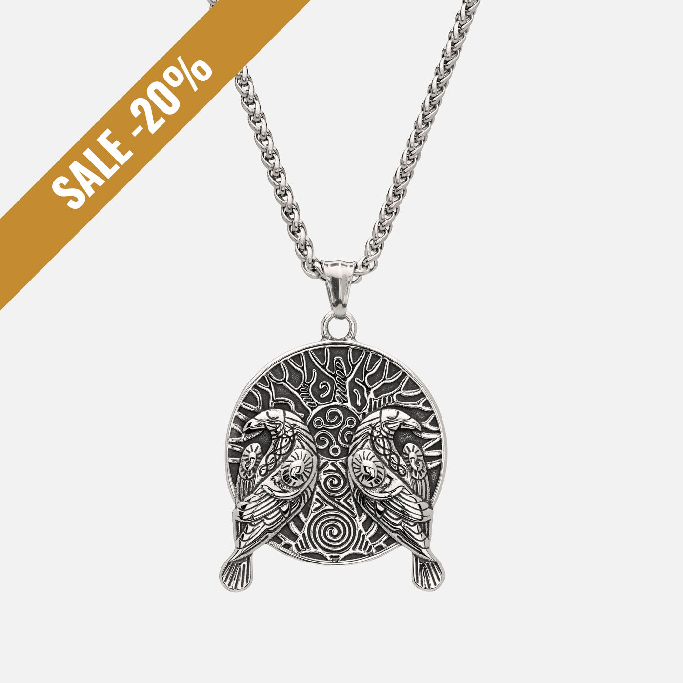 Viking necklace with Hugin and Munin in front of Yggdrasil, symbolizing memory, thought, and cosmic connection. with a sale banner