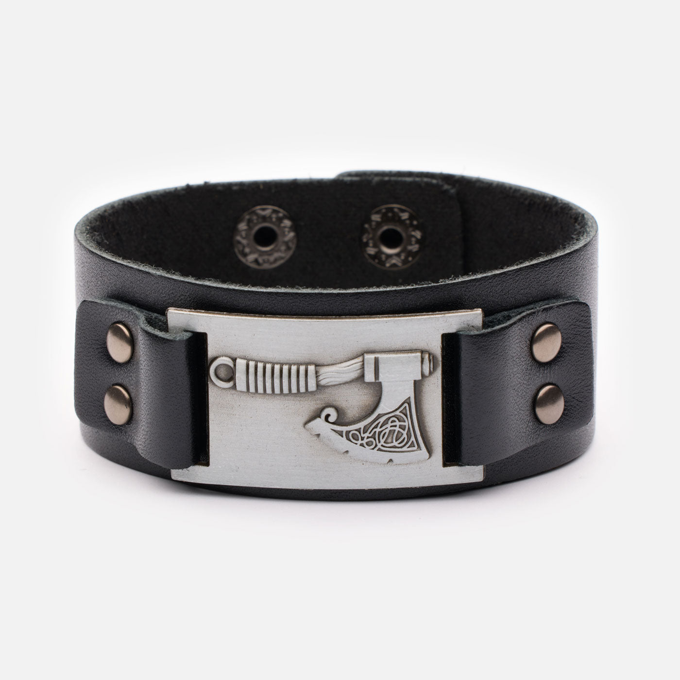 Viking leather bracelet with silver axe plate and black genuine leather strap – front view
