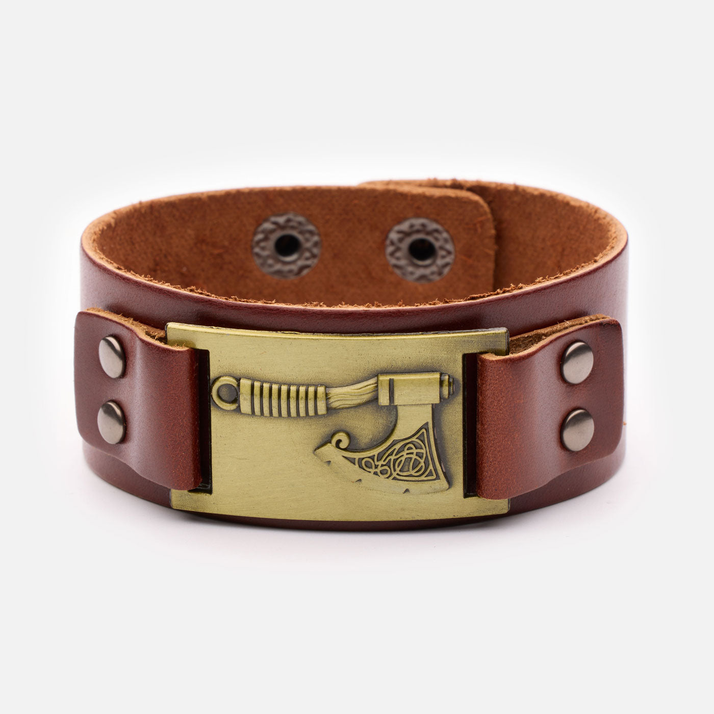 Viking leather bracelet with bronze axe plate and brown genuine leather strap – front view