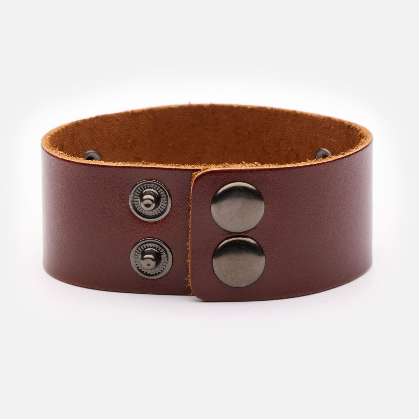 Snap button system of brown Viking leather bracelet – antique bronze finish
