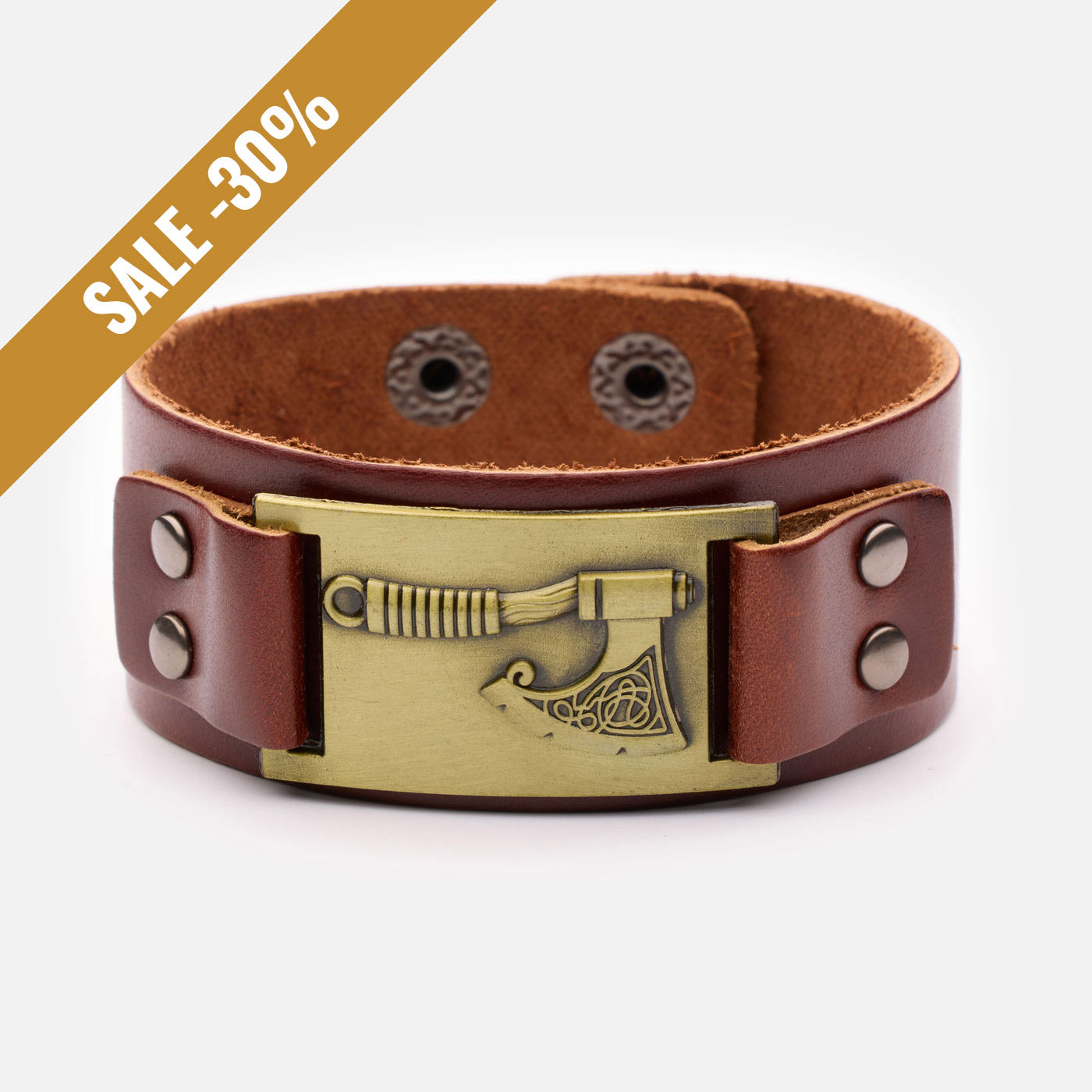 Viking leather bracelet with bronze axe plate and brown genuine leather strap – front view with a sale banner