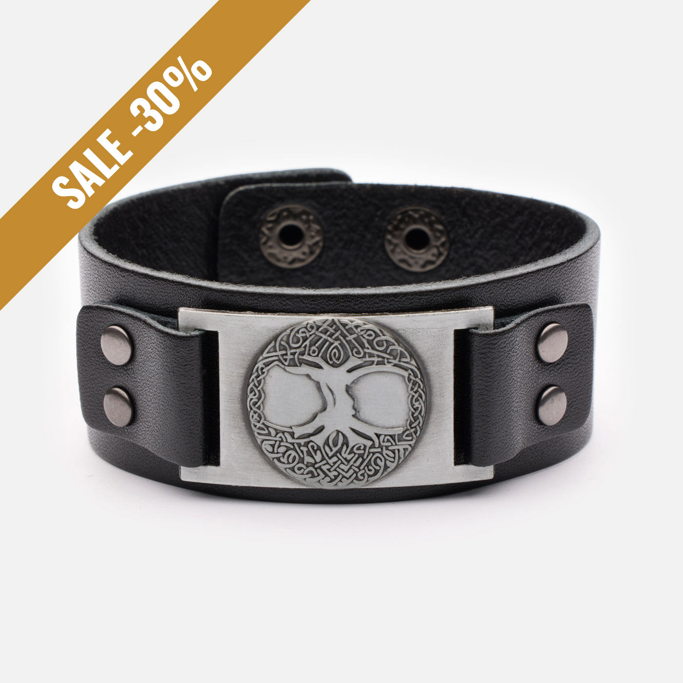 Yggdrasil leather bracelet in black with silver plate and Viking tree of life design with a sale banner