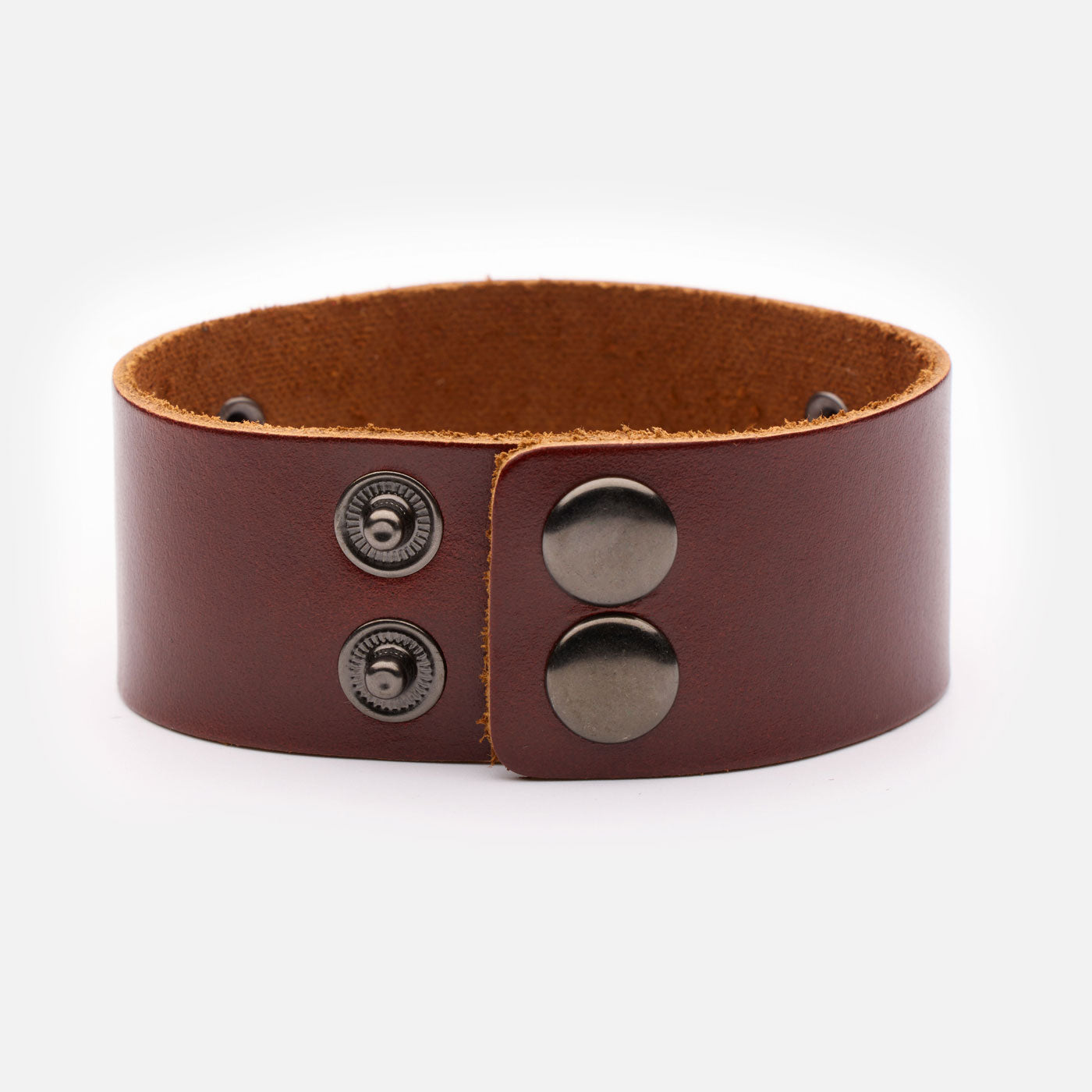 Back view of brown Yggdrasil bracelet with double snap closure