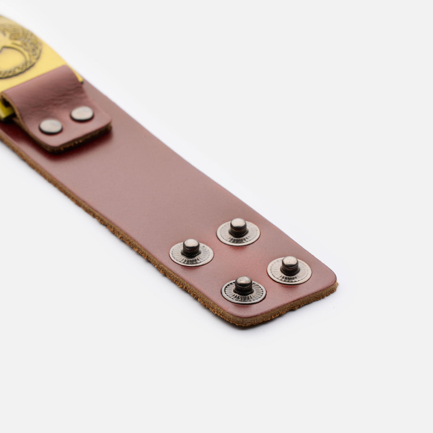 Brown genuine leather bracelet with bronze plate and open button clasp