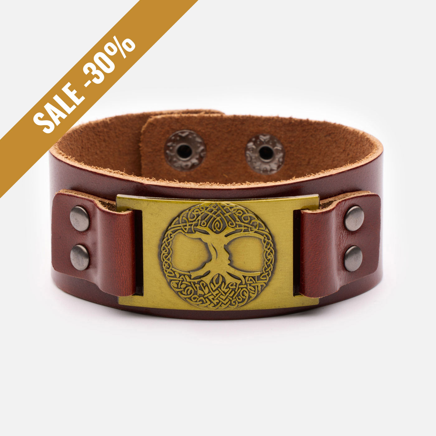 Yggdrasil leather bracelet in brown with bronze plate and detailed tree of life engraving with a sale banner