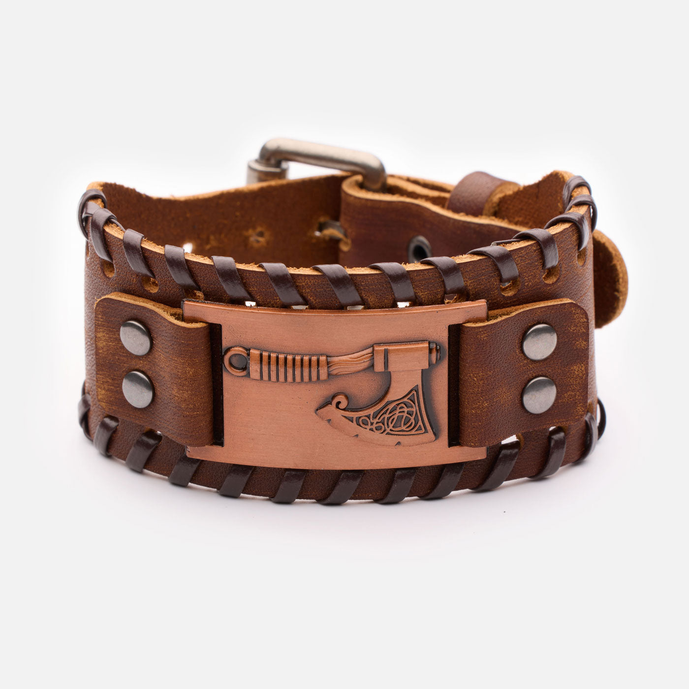 Viking axe bracelet made of brown genuine leather with copper plate and buckle closure