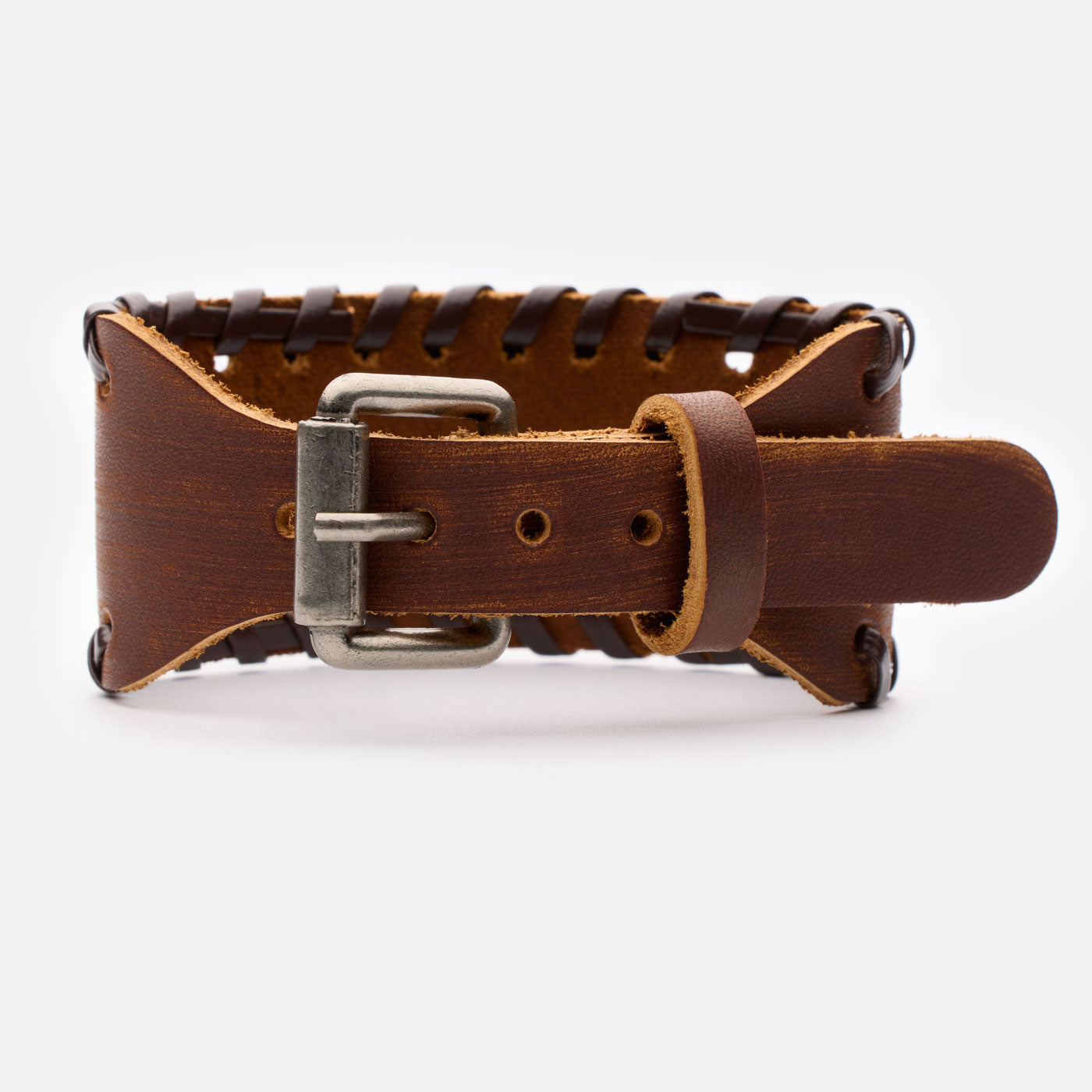 Back of the brown Viking leather bracelet showing antique-style buckle and hand-sewn details