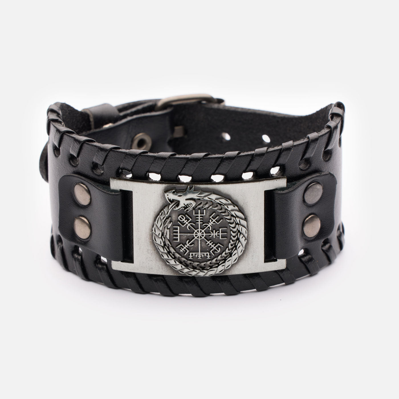 Black leather Viking wristband with Vegvísir compass and Jormungandr serpent engraved on silver plate – front view