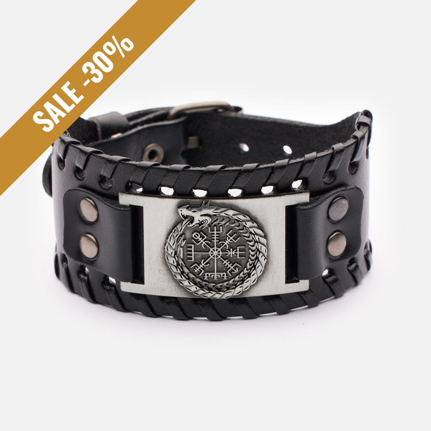 Black leather Viking wristband with Vegvísir compass and Jormungandr serpent engraved on silver plate – front view with sale banner