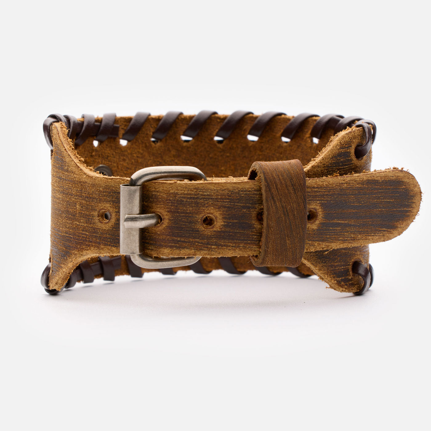 Rear view of Norse-inspired brown leather buckle bracelet with detailed stitching and aged bronze buckle