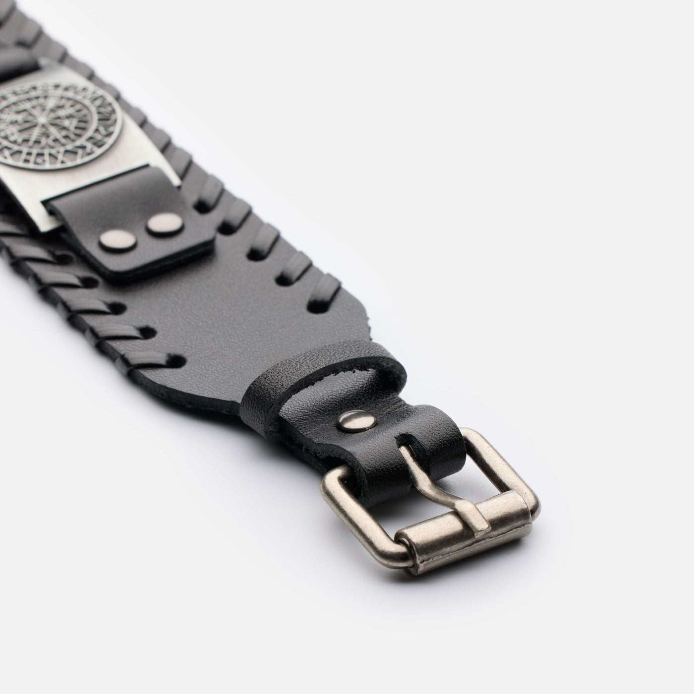 Side view of Viking leather bracelet buckle – handcrafted stitching and adjustable strap with antique metal finish.