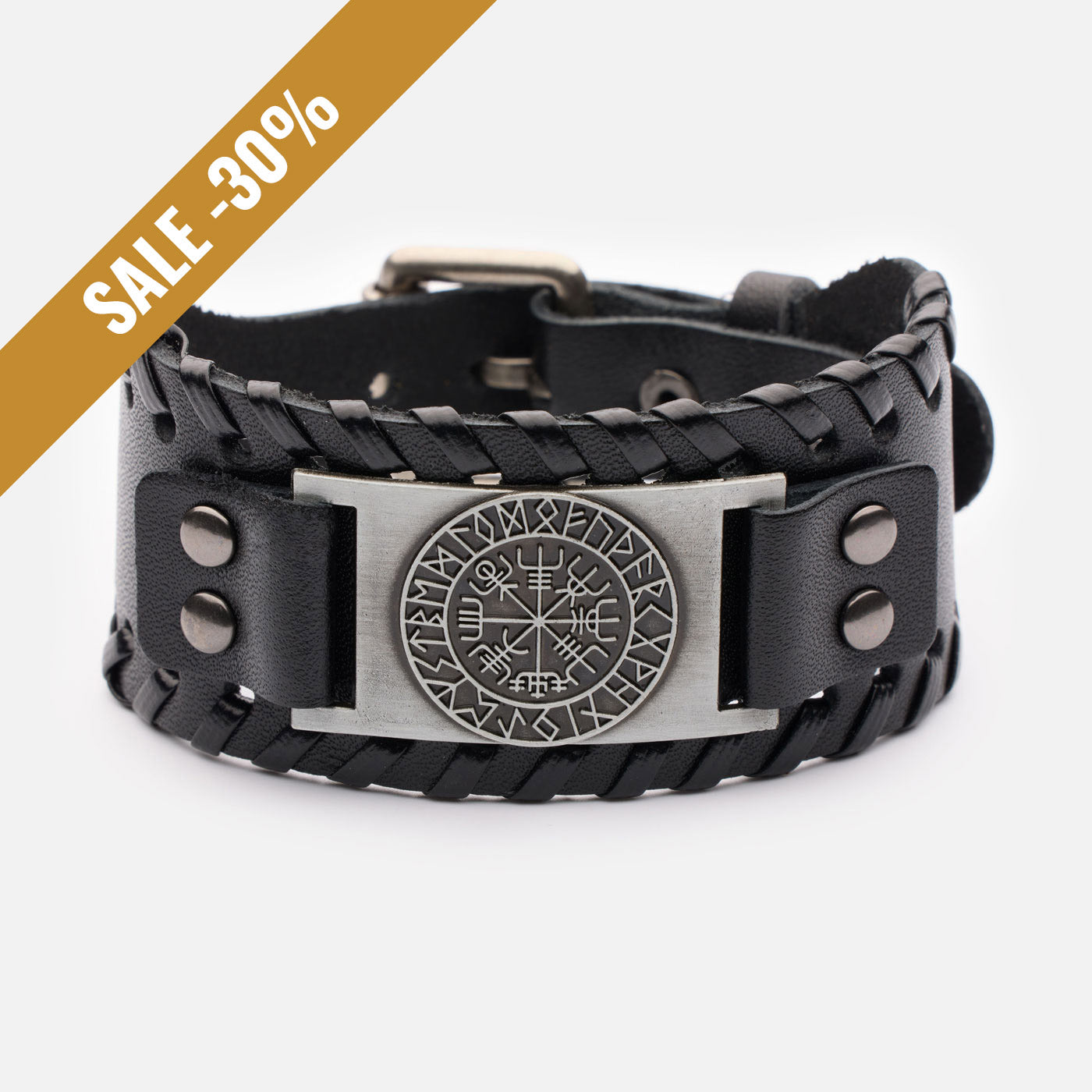 Black leather Viking bracelet with Vegvísir compass symbol – front view of Norse-themed wristband with metal plate and runic design. with a sale banner