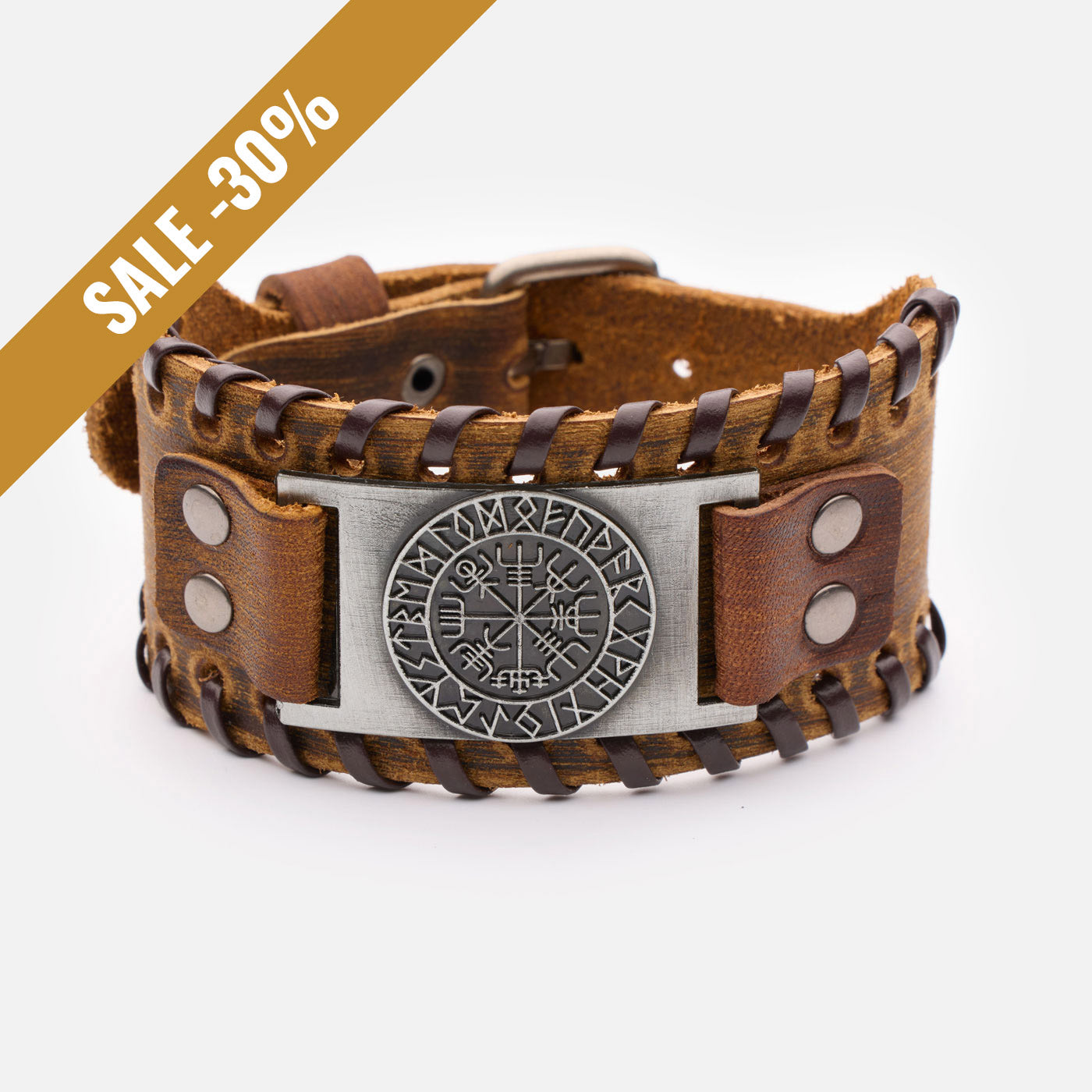 Brown Viking leather bracelet with Vegvisir compass and rustic stitching, front view with a sale banner
