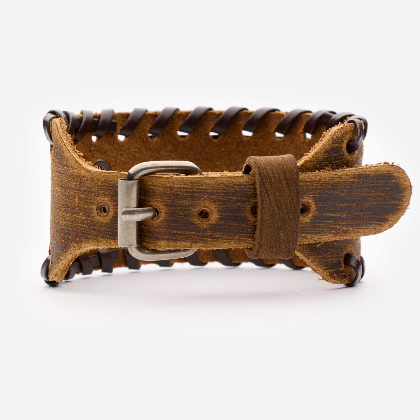 Brown leather Viking bracelet with Vegvisir rune plate and sturdy steel buckle