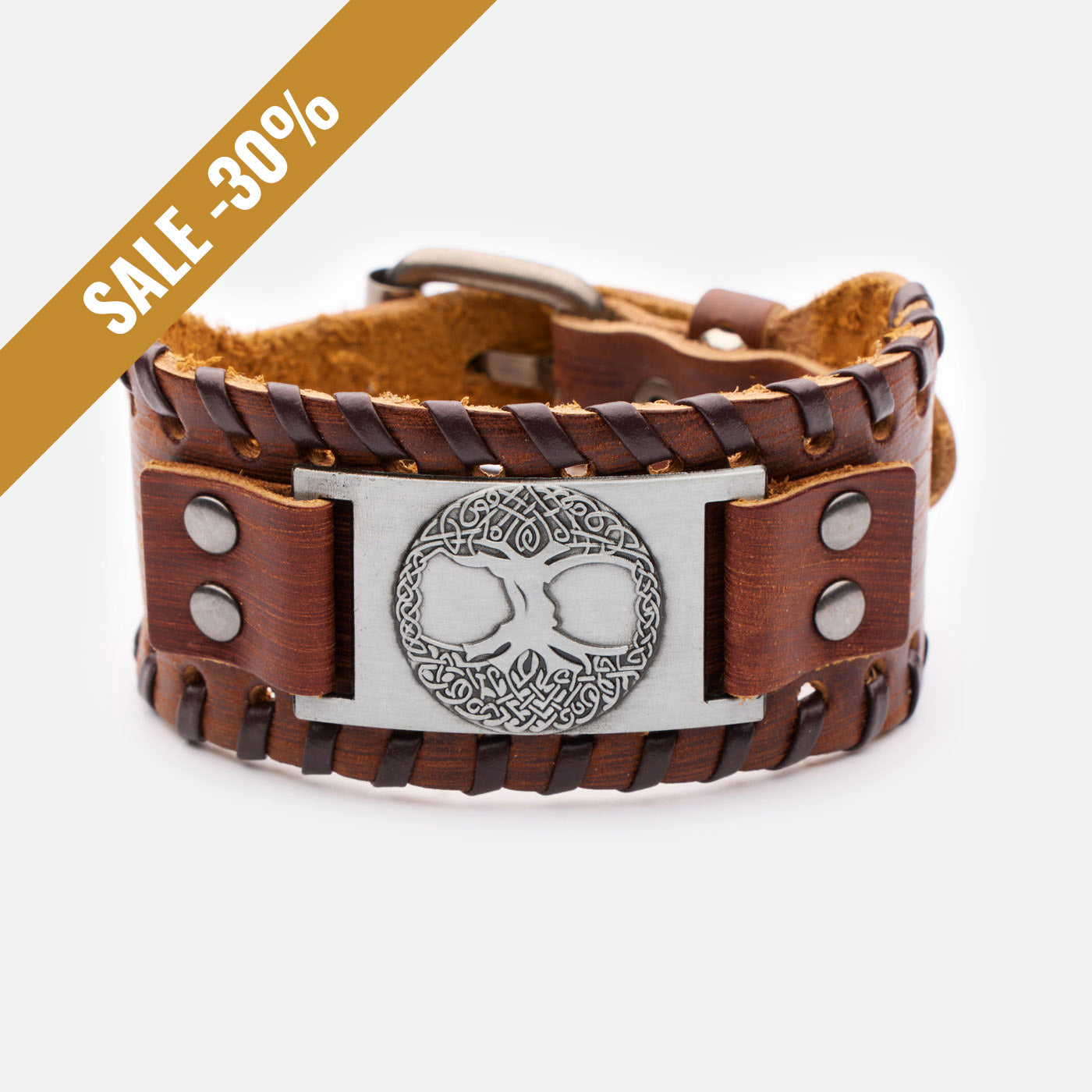 Yggdrasil Viking bracelet in genuine brown leather with antique finish and detailed symbol with a sale banner
