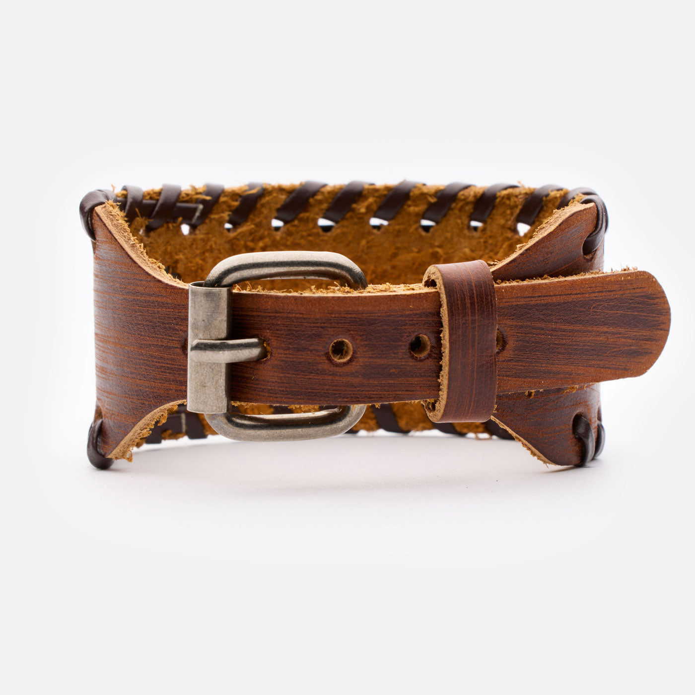 Brown leather Viking bracelet with buckle closure – handcrafted rear view