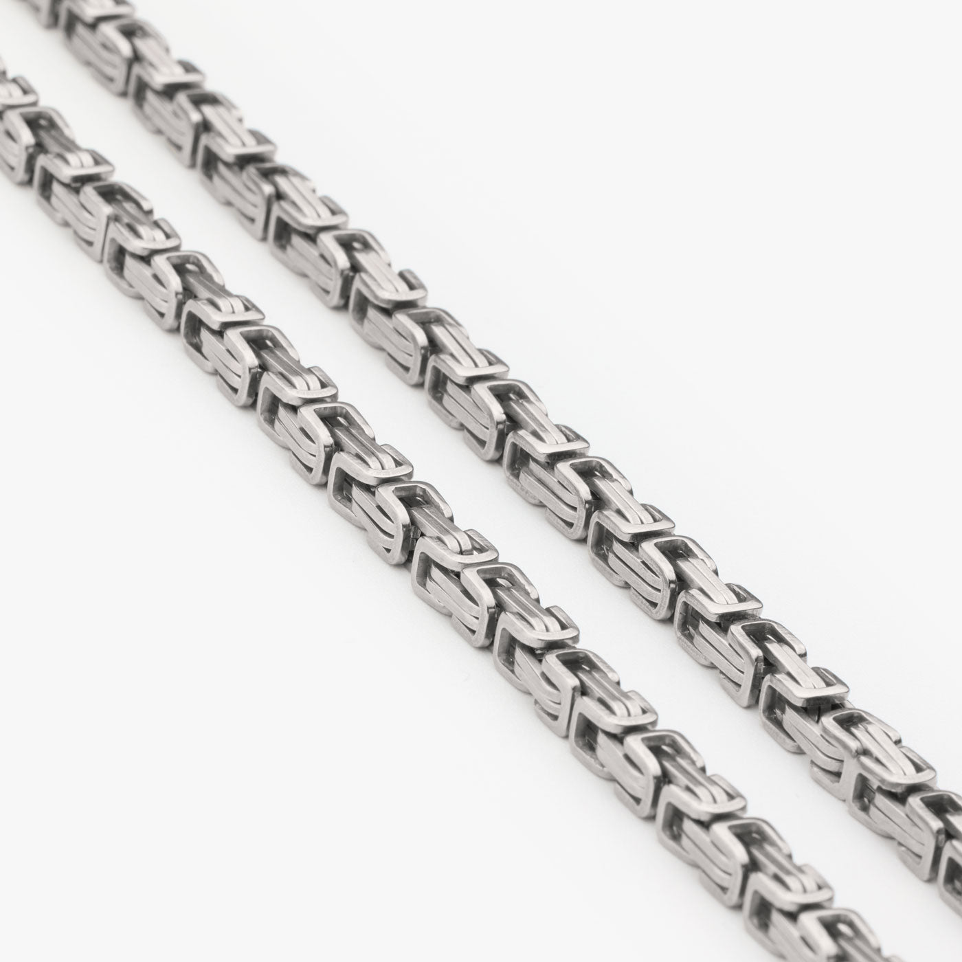 Close-up of a stainless steel King’s Chain necklace with an intricate, interwoven design. A bold and durable Viking-style chain, crafted for warriors who embrace strength and heritage—available at Odin Trinkets.