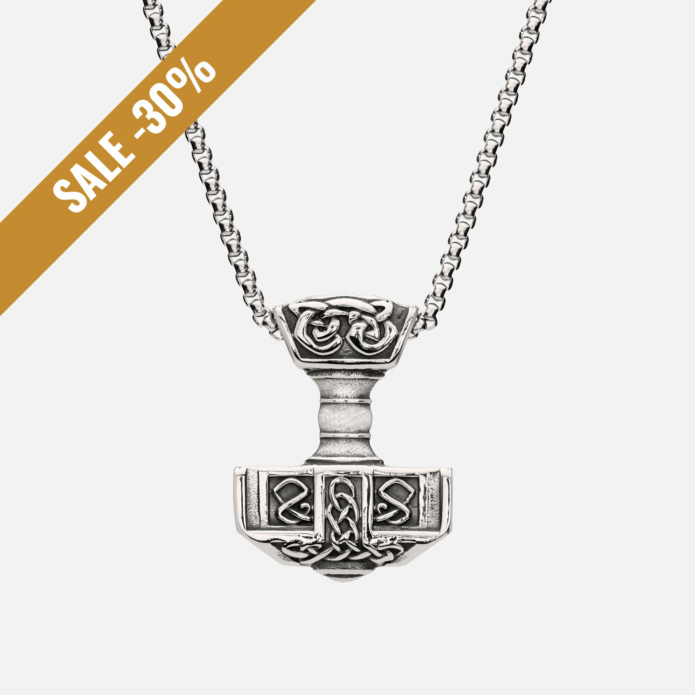 Forged in Midgard Mjölnir necklace with box chain – medium-sized Thor’s Hammer pendant with Norse knotwork, photographed from the front on white background with a sale banner