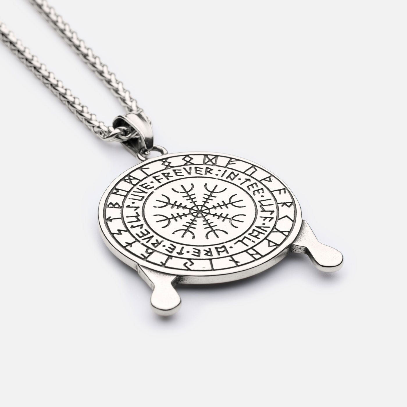 Back of Viking necklace with Vegvisir compass surrounded by protective runes and carved message ring.