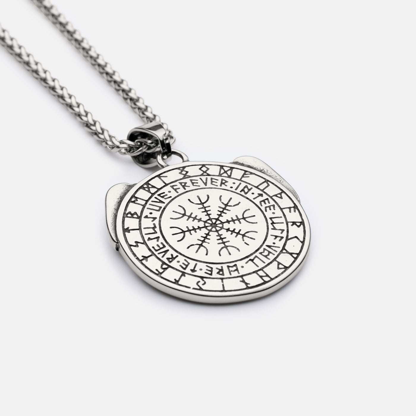 Back side of Viking necklace with Vegvisir compass and Helm of Awe symbols, surrounded by Elder Futhark runes.