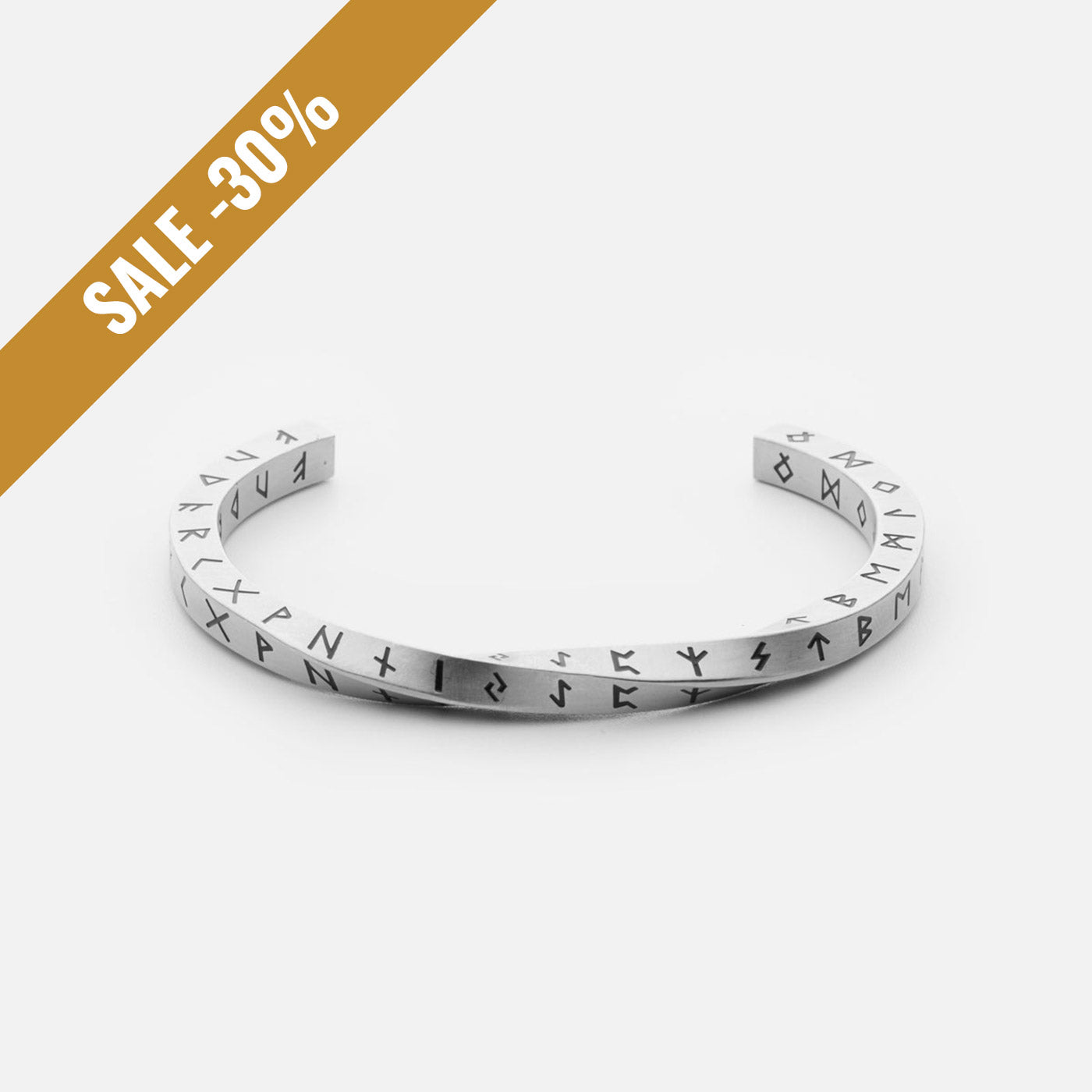 Silver stainless steel Rune Bracelet from Odin Trinkets, featuring engraved Elder Futhark runes in a minimalist open cuff design, symbolizing ancient Norse wisdom and Viking heritage with a sale banner