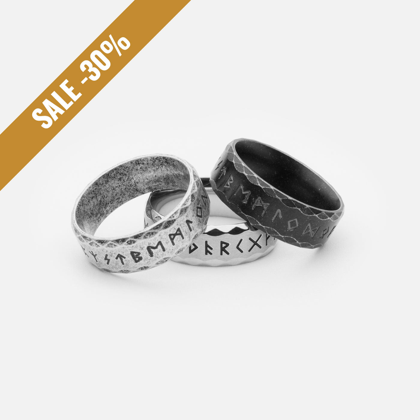 Viking Rune Rings Set – A trio of Elder Futhark rune rings in Silver, Retro, and Antique finishes, each crafted from stainless steel to embody the power and mystery of Norse heritage with a sale banner