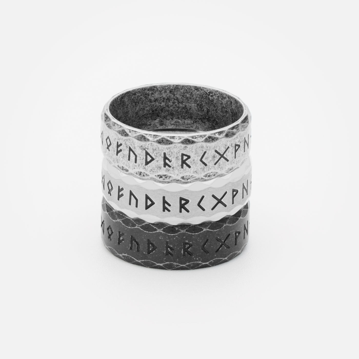 Stacked Viking Rune Rings – A set of three Elder Futhark rune rings in Silver, Retro, and Antique finishes, crafted from stainless steel, embodying the strength and mysticism of Norse heritage.