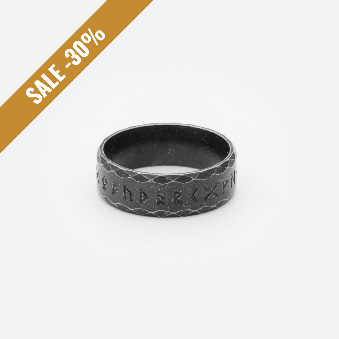 Antique Viking Rune Ring with Elder Futhark Engraving – Aged black stainless steel ring featuring the full Elder Futhark rune alphabet, encircled by a subtle Nordic pattern with a sale banner