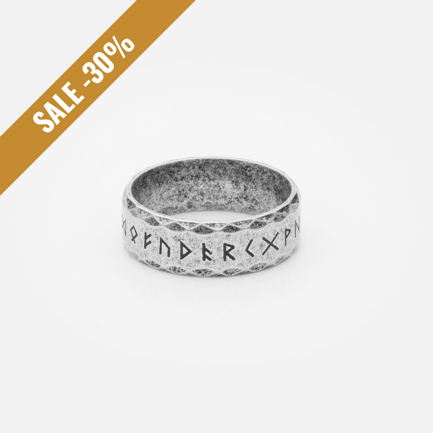 Retro Viking Rune Ring – Stainless steel ring with a weathered silver finish, engraved with the complete Elder Futhark runic alphabet, a powerful symbol of Norse mythology and heritage. with a sale banner