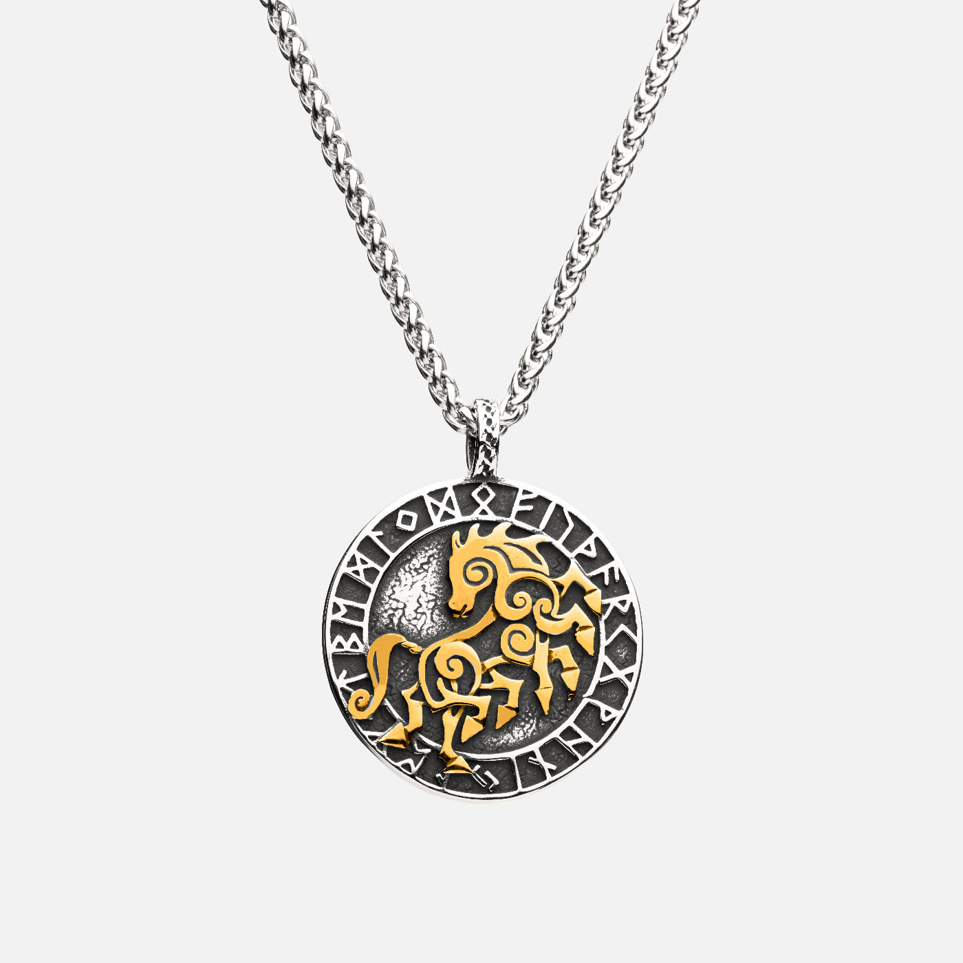 Front view of the Sleipnir pendant necklace featuring the golden eight-legged horse from Norse mythology surrounded by Elder Futhark runes.