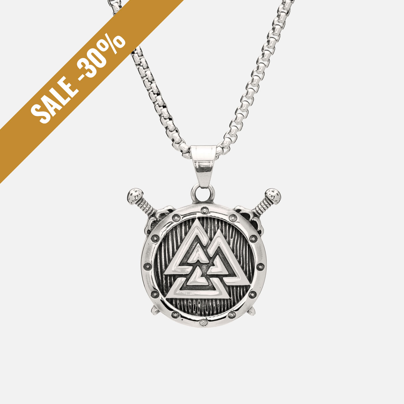 Frontal view of Norse Valknut necklace with shield and crossed swords design, symbolizing Odin’s warriors, on a Viking box chain with a sale banner