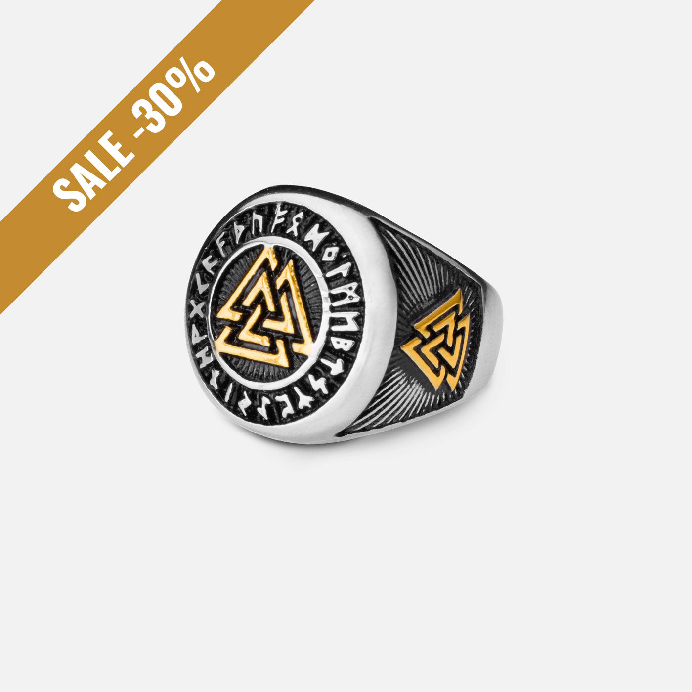 Stainless steel Valknut ring with engraved Norse runes and golden accents, symbolizing Odin's power with a sale banner