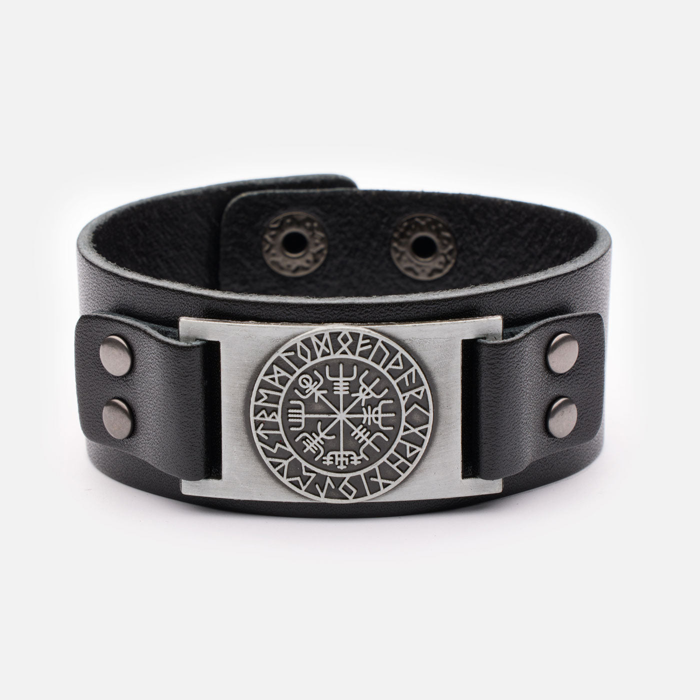 Real leather Viking bracelet in black with Vegvísir compass and rune circle, featuring metal plate and double snap closure.