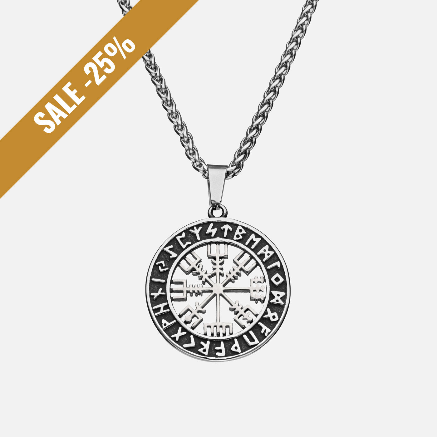 Striking silver Vegvisir pendant necklace with Elder Futhark runes, a powerful Viking talisman for guidance and protection – an expressive piece from Odin Trinkets with a sale banner