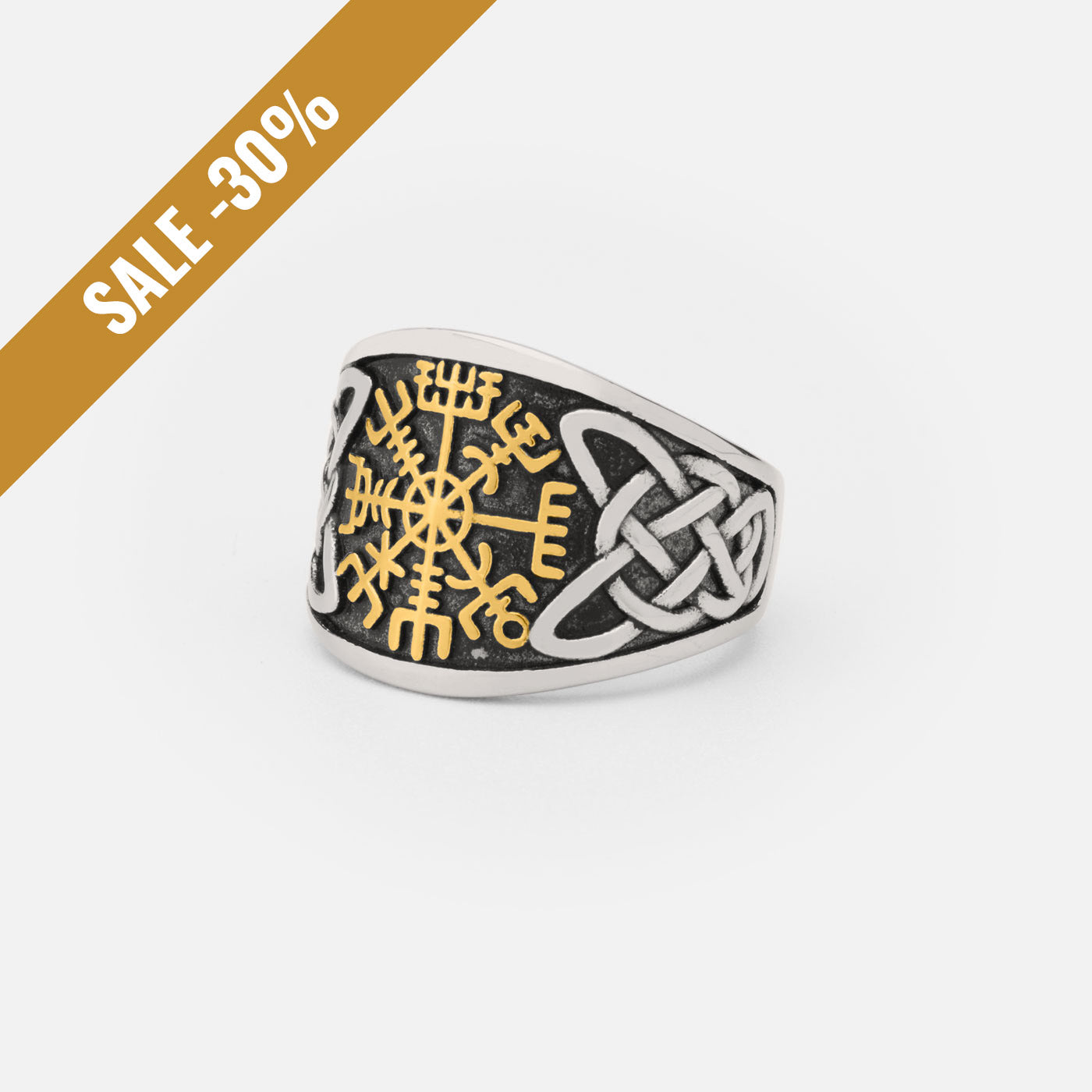 Vegvisir ring featuring a prominent Elder Futhark runic design with golden detailing, framed by a nordic knot pattern, symbolizing protection and guidance. A powerful piece from Odin Trinkets for those seeking strength and direction with a sale banner
