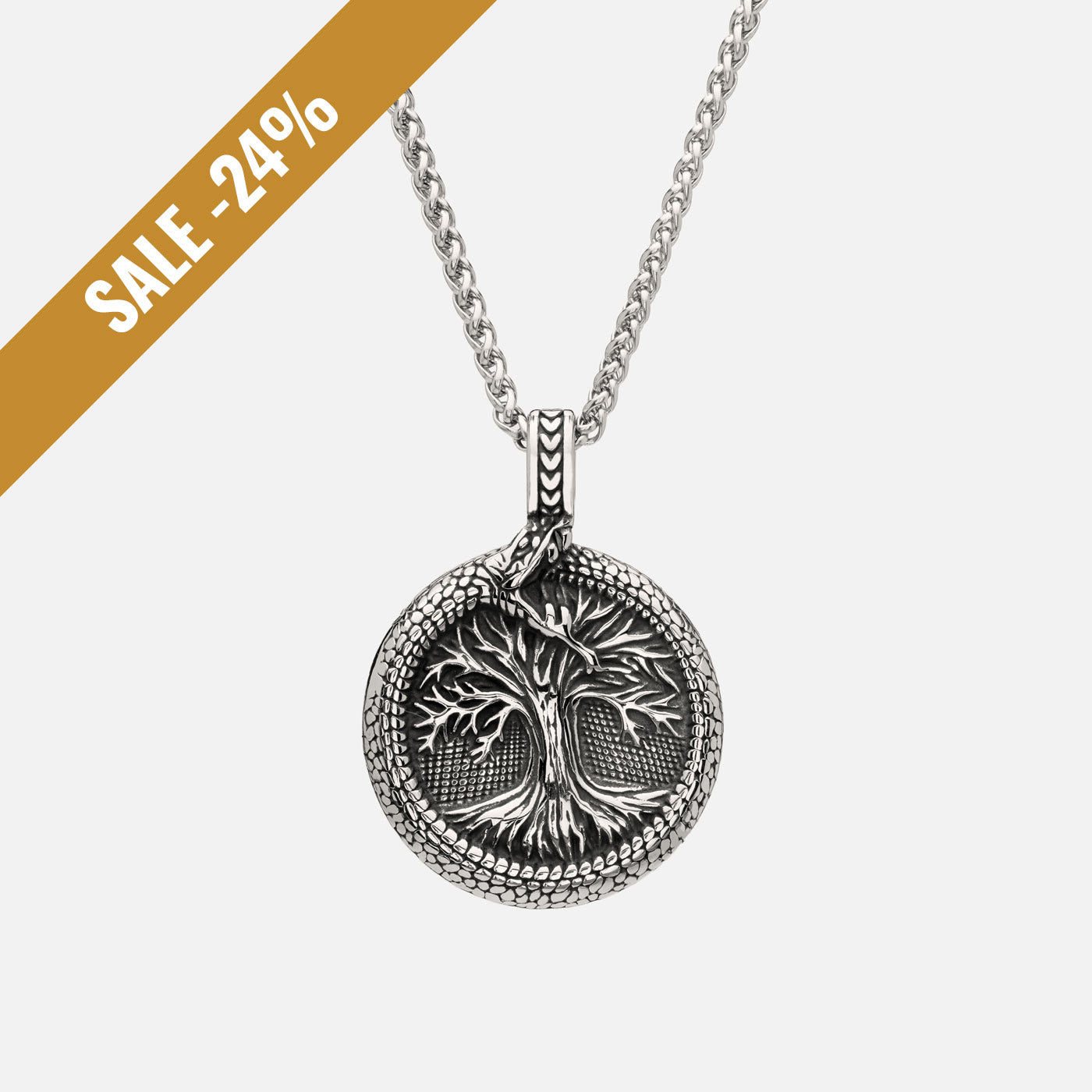 Nordic Yggdrasil necklace with Jormungandr serpent biting its tail, symbolizing eternal life and Viking heritage with a sale banner