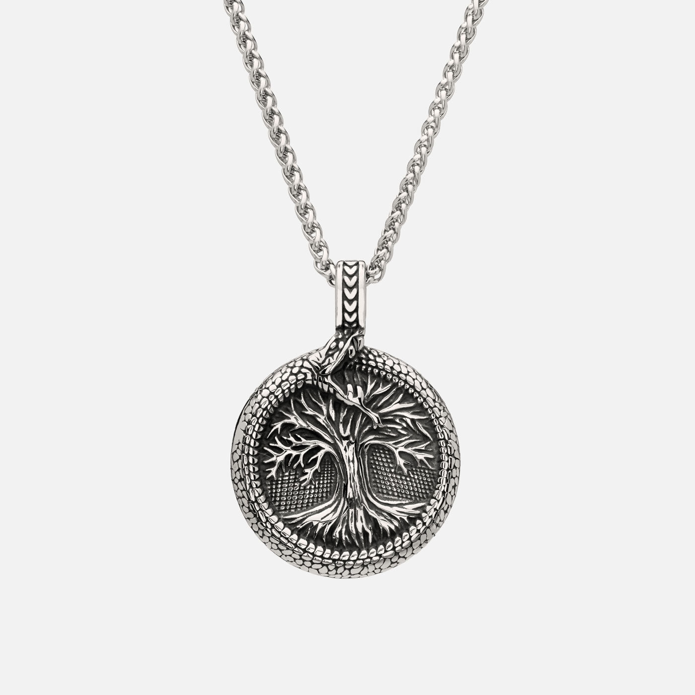 Nordic Yggdrasil necklace with Jormungandr serpent biting its tail, symbolizing eternal life and Viking heritage.