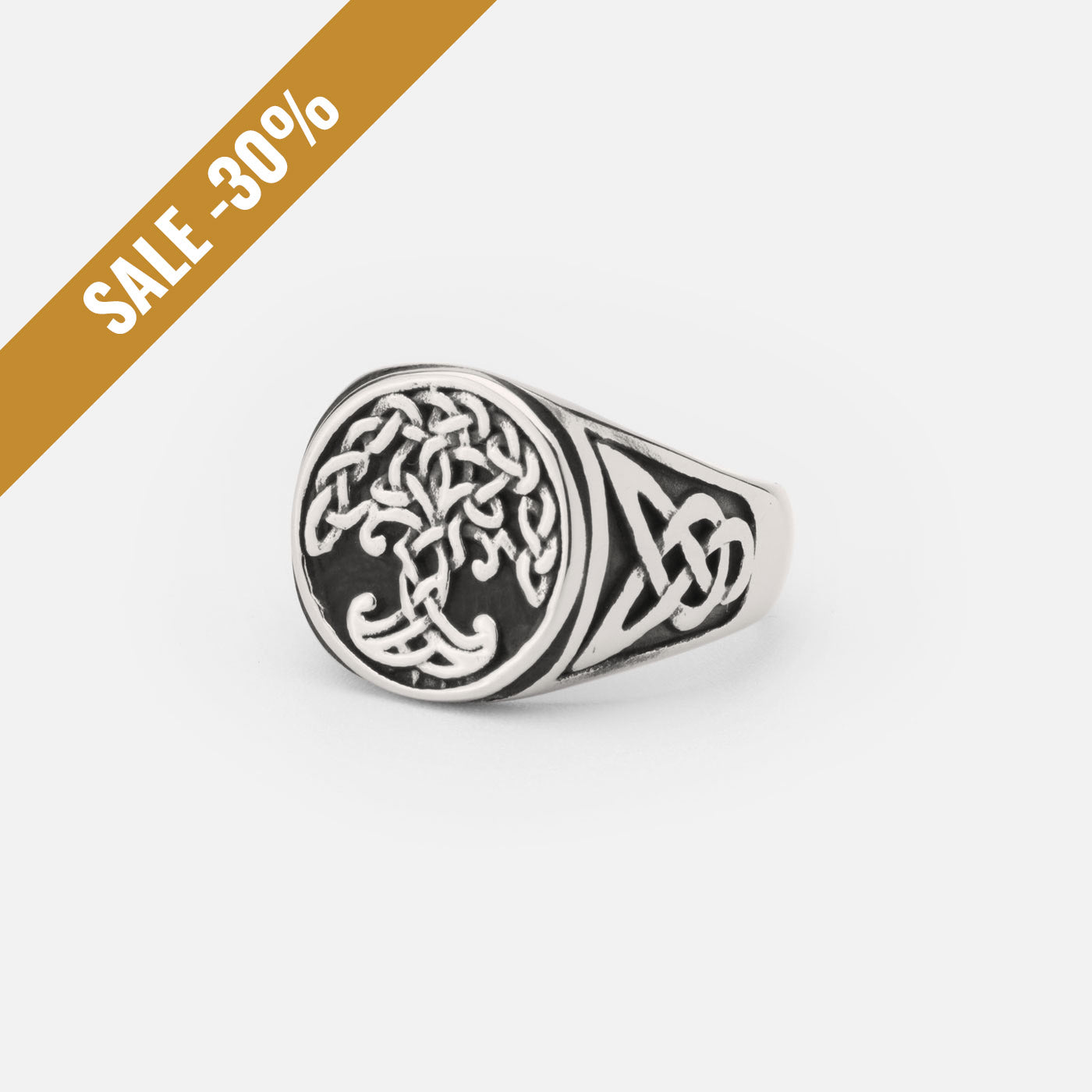 A detailed Yggdrasil ring made of stainless steel, showcasing a central tree of life design surrounded by intricate Celtic knotwork patterns with a sale banner