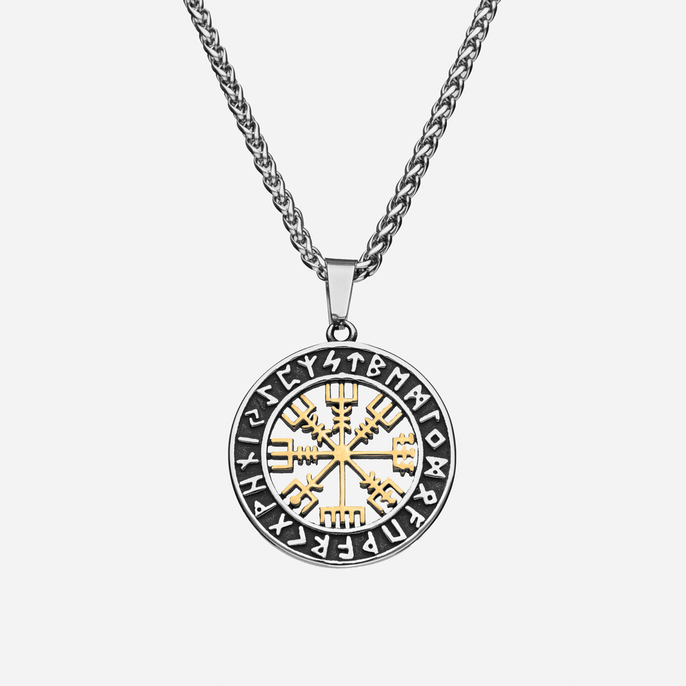 Expressive gold and silver Vegvisir pendant necklace with Elder Futhark runes, symbolizing Viking guidance and protection – a powerful piece from Odin Trinkets.