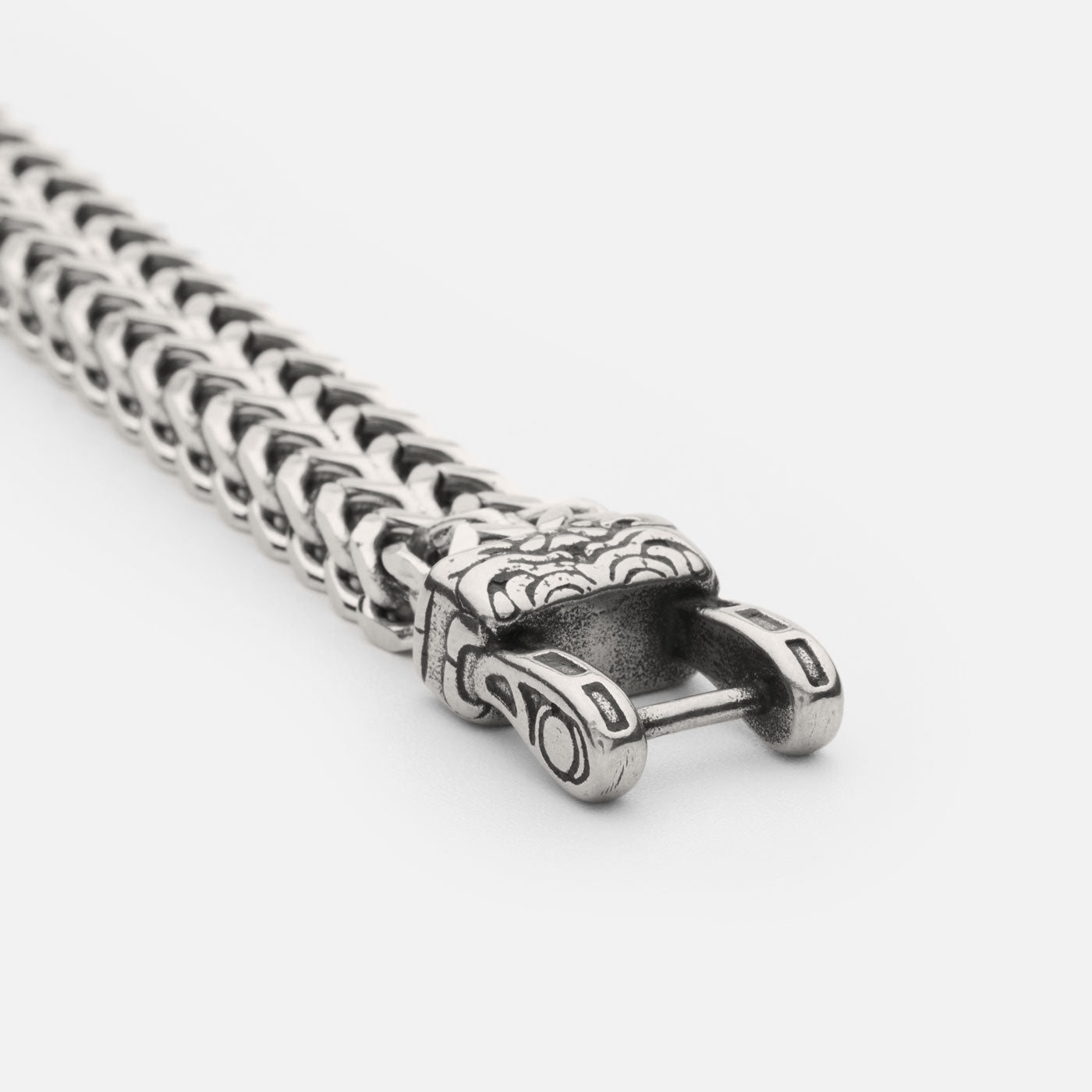 Detailed view of the clasp on the stainless steel Fenrir wolf bracelet from Odin Trinkets, showcasing Norse-inspired engravings and sturdy craftsmanship.