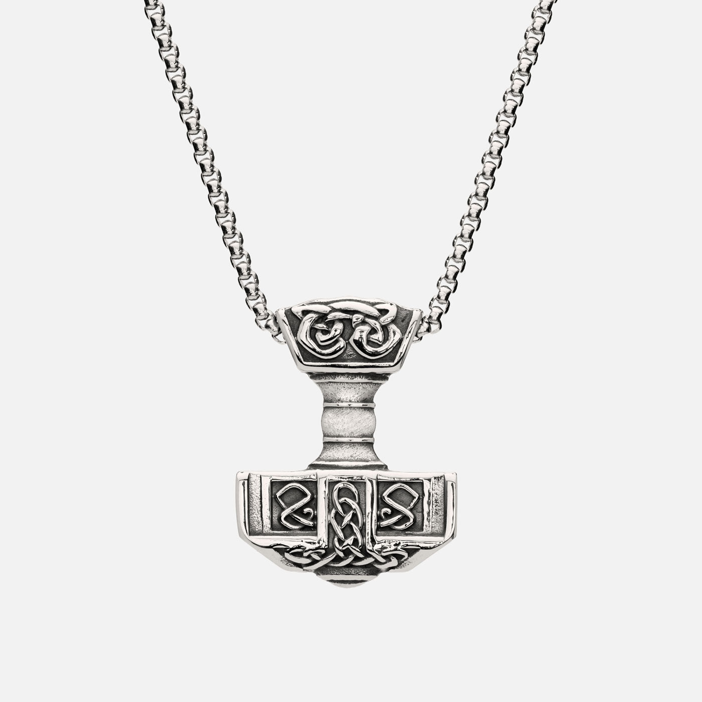 Forged in Midgard Mjölnir necklace with box chain – medium-sized Thor’s Hammer pendant with Norse knotwork, photographed from the front on white background