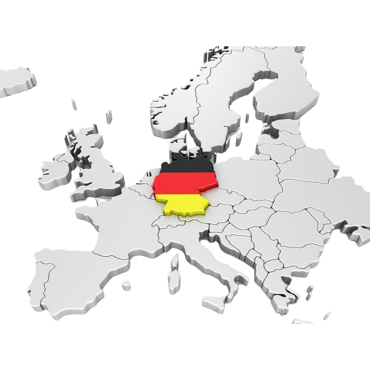 A 3D map of Europe, with Germany highlighted in the center using the German flag colors of black, red, and yellow.