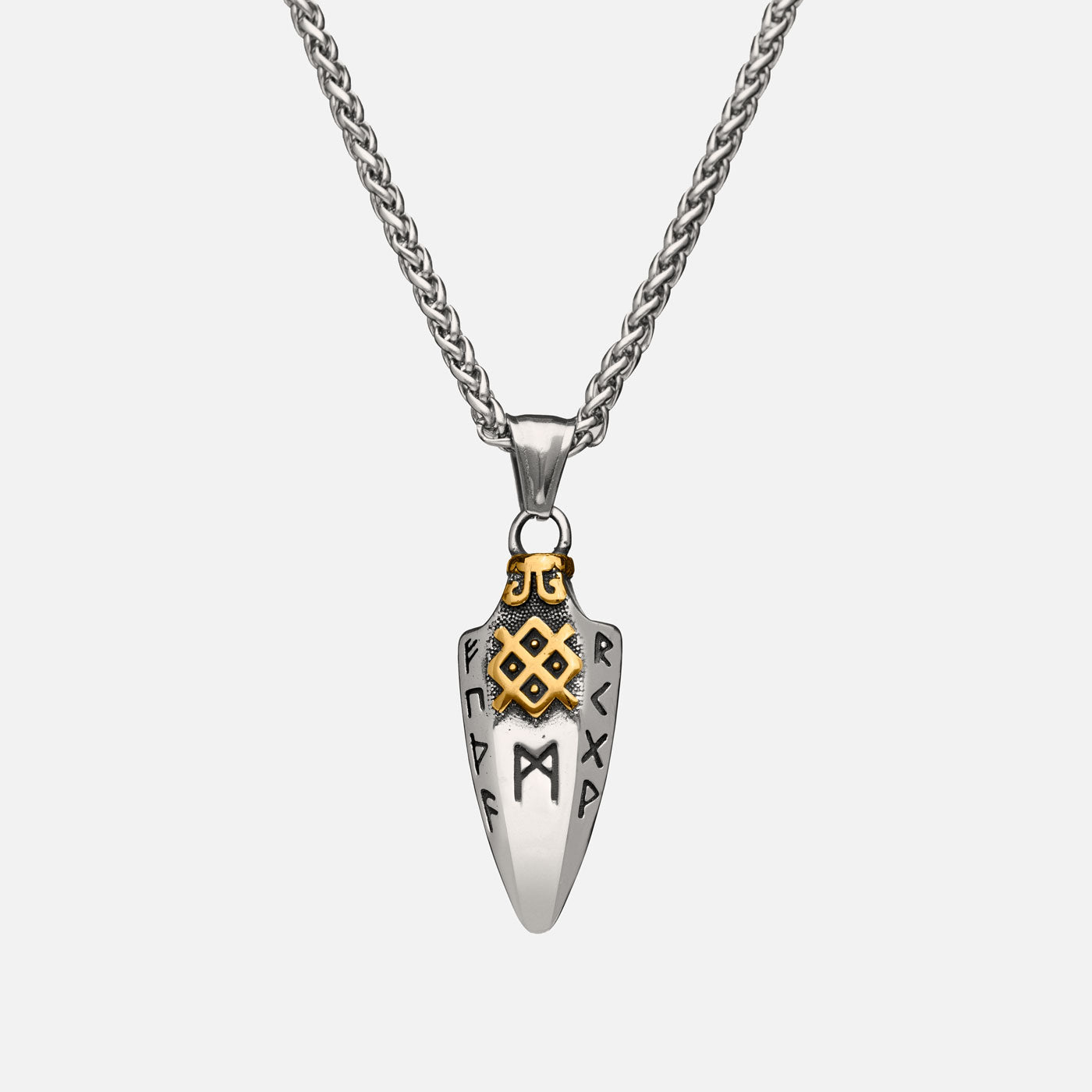 Front view of the stainless steel Gungnir spear pendant in gold and silver from Odin Trinkets, featuring engraved Norse runes and a striking gold-accented engraving inspired by Odin’s legendary weapon.