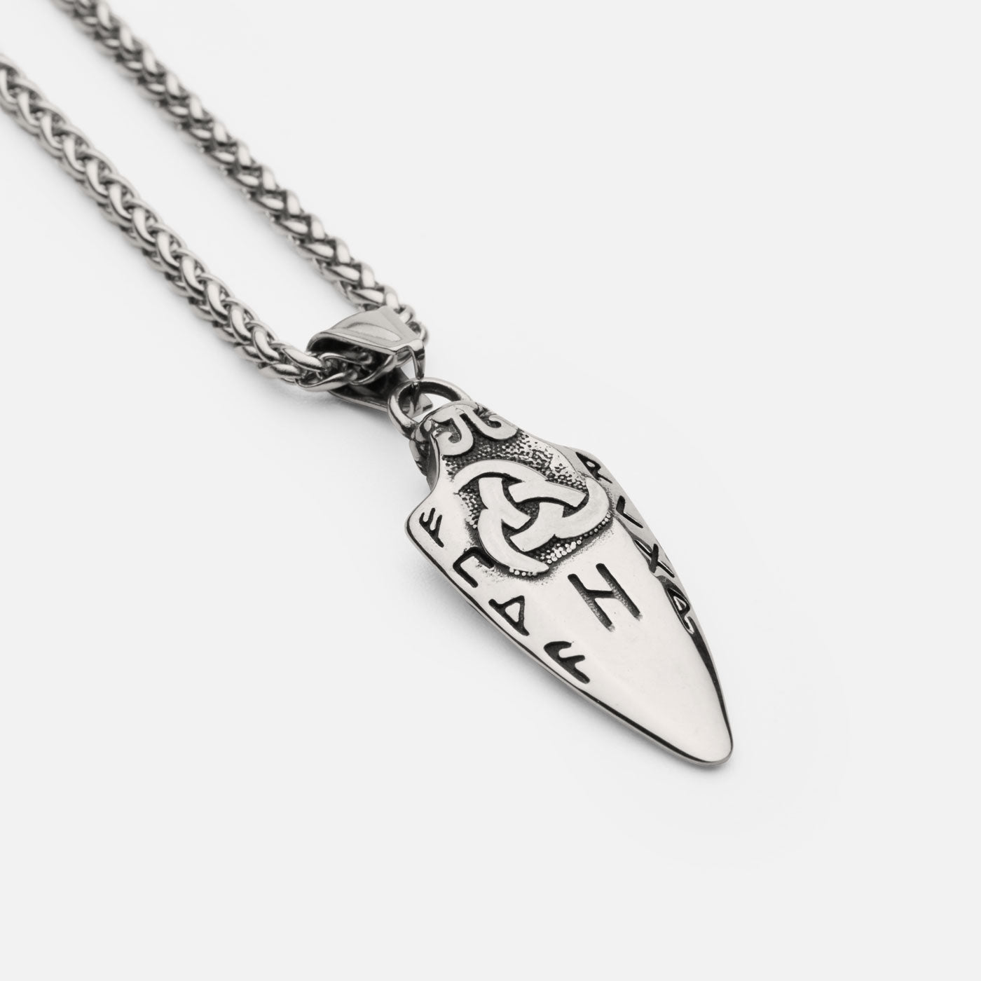 Back view of the stainless steel Gungnir spear pendant in silver from Odin Trinkets, featuring engraved Norse runes and a detailed Valknut symbol representing Odin and Viking heritage.