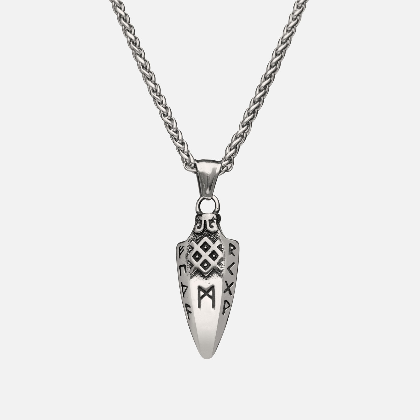 Front view of the stainless steel Gungnir spear pendant in silver from Odin Trinkets, featuring intricate Norse runes and a symbolic engraving inspired by Odin’s legendary weapon.