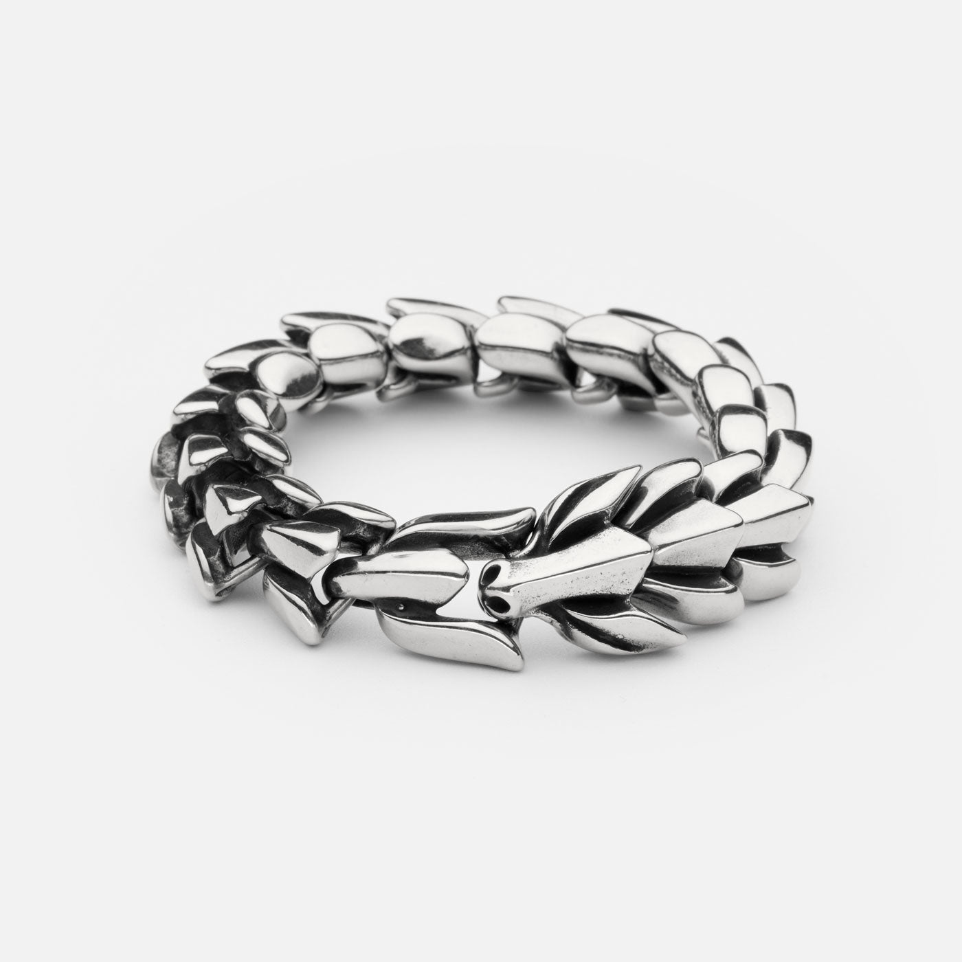 Full view of the stainless steel Jörmungandr bracelet from Odin Trinkets, featuring an intricate serpent-inspired design symbolizing the legendary Norse World Serpent.
